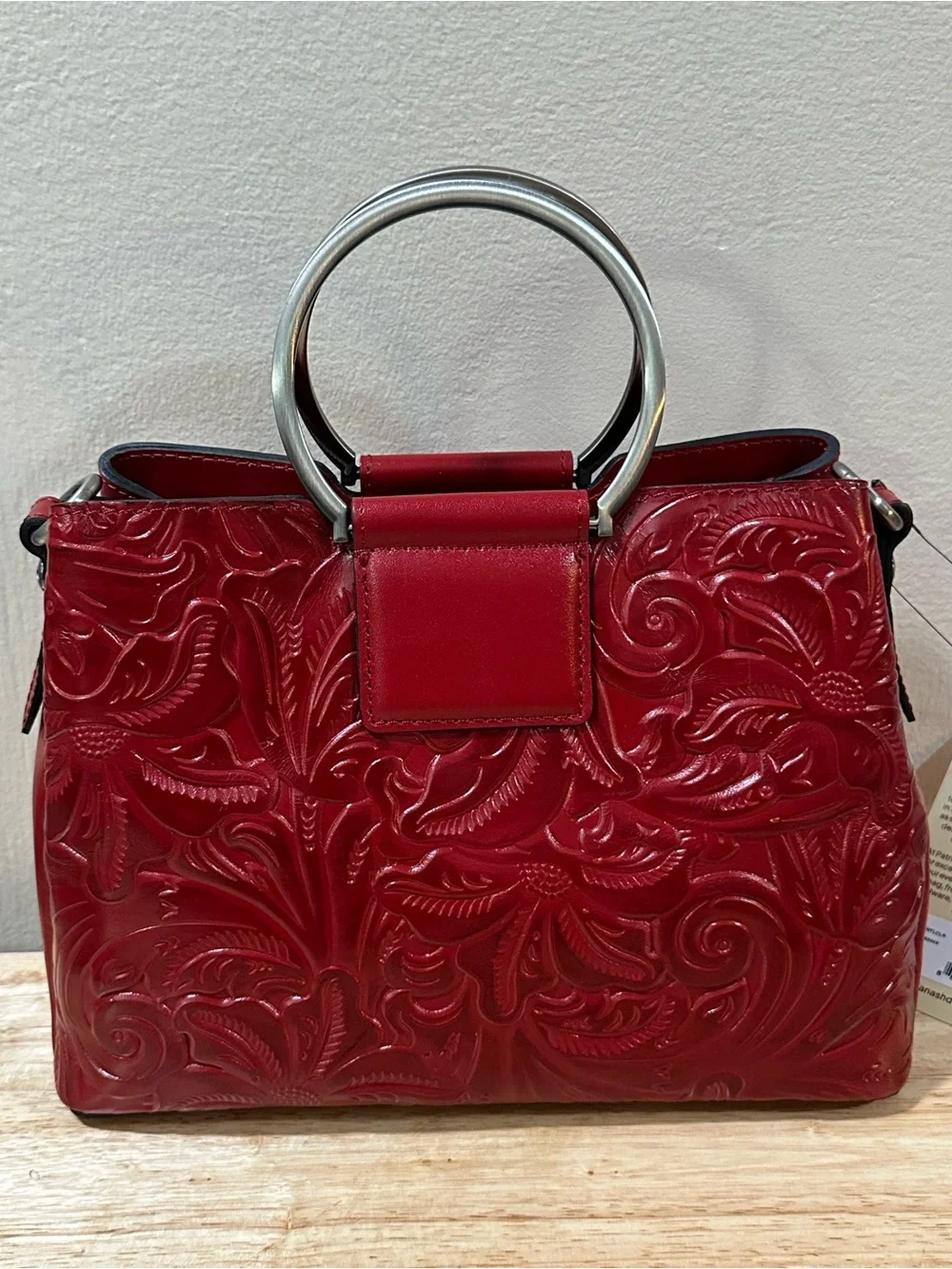 Patricia Nash Red Burnished Tooled Leather Top-Handle Satchel